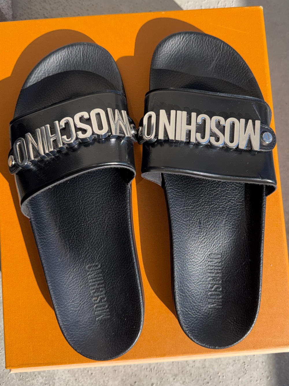 Moschino Black Logo Slide Sandals Silver Hardware  Size 46 / US 13